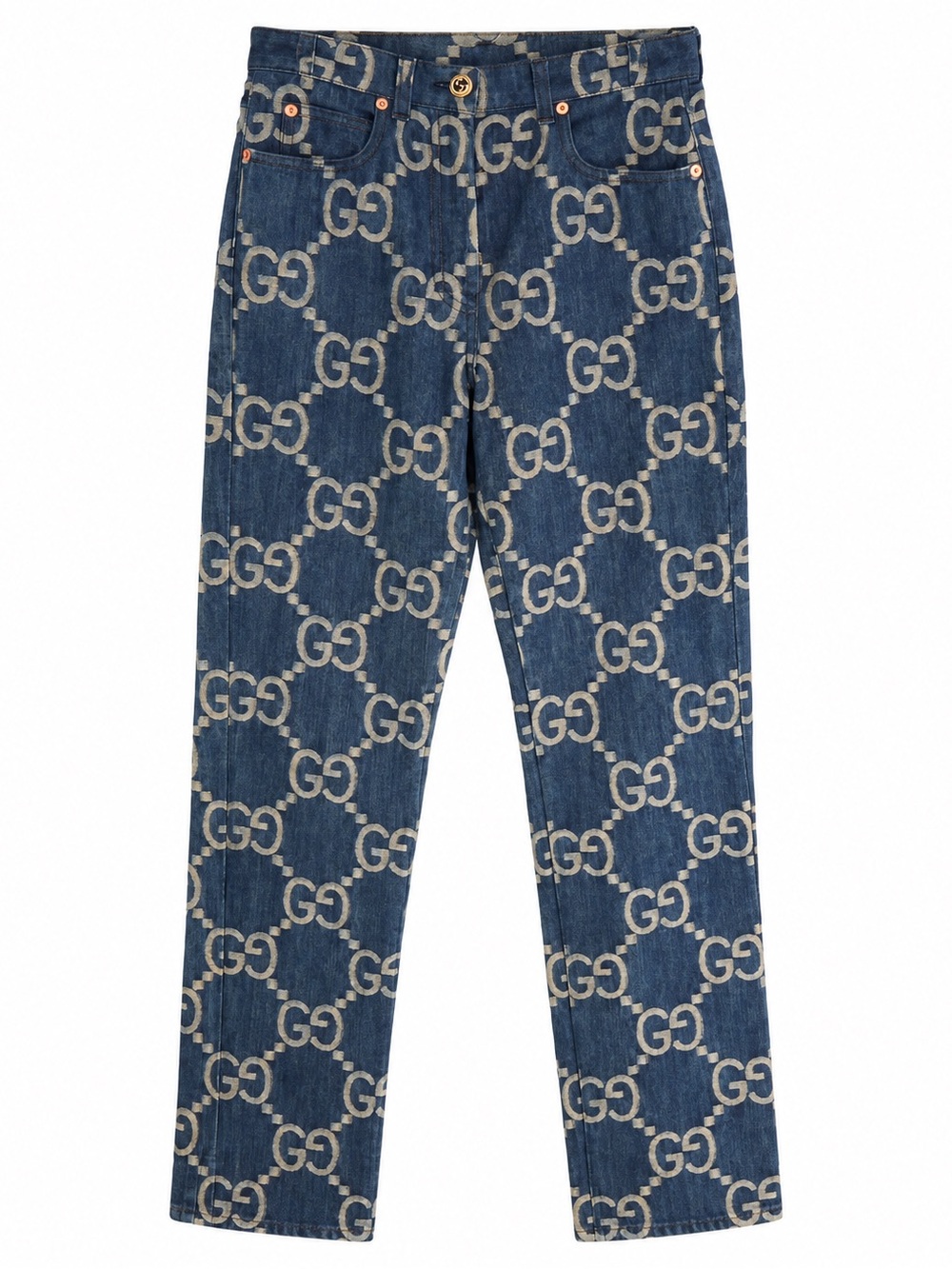 Gucci Blue Denim Straight Jeans with Beige GG Monogram